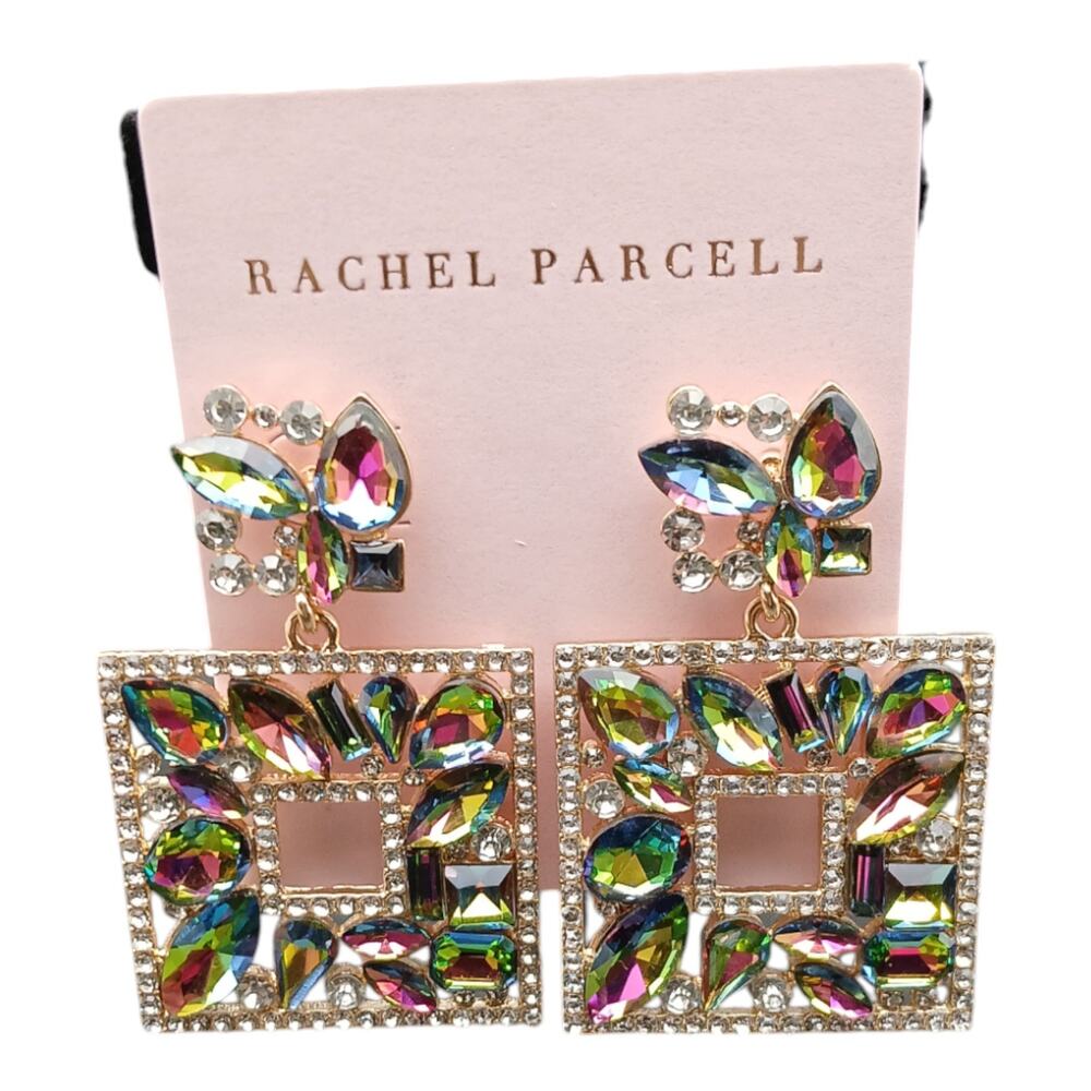 Rachel Parcell Statement Square Drop Earrings Multi-Color Crystal Rhinestone